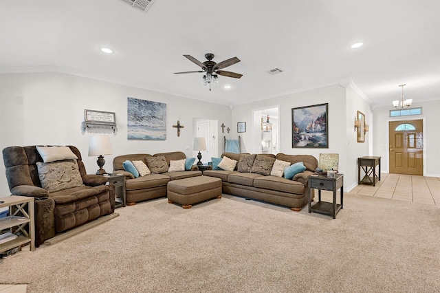113 Ginger Dr, Pottsboro, TX 75076 - living room featuring ornamental molding, recessed lighting, baseboards, ceiling fan, and a chandelier