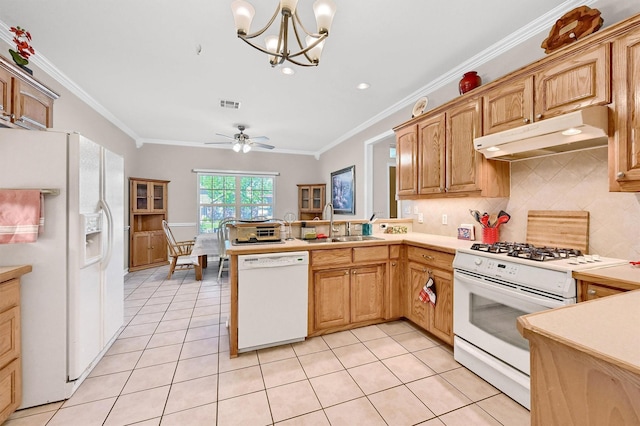 113 Ginger Dr, Pottsboro, TX 75076 - kitchen with white appliances, under cabinet range hood, a sink, ornamental molding, and light tile patterned floors