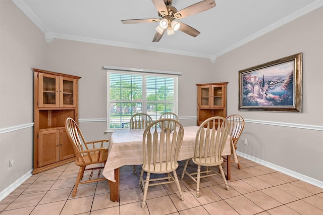 113 Ginger Dr, Pottsboro, TX 75076 - dining area featuring ornamental molding, light tile patterned floors, baseboards, and ceiling fan