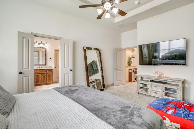 8357 Blue Periwinkle Ln, Fort Worth, TX 76123 - bedroom featuring ceiling fan, visible vents, a high ceiling, ensuite bathroom, and light carpet