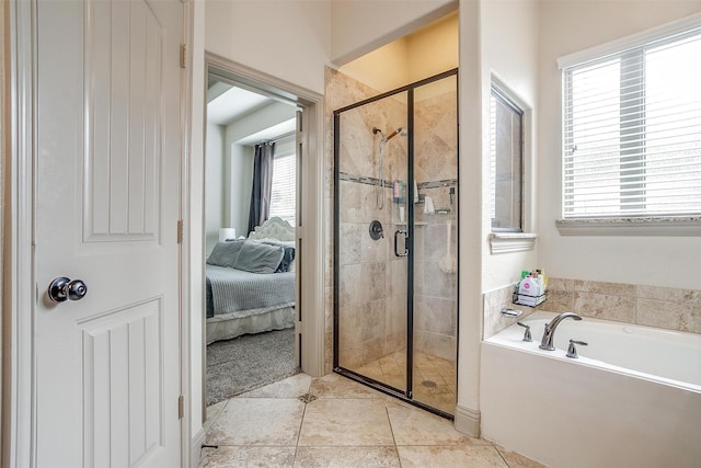 8357 Blue Periwinkle Ln, Fort Worth, TX 76123 - full bathroom with tile patterned floors, a shower stall, ensuite bathroom, and a garden tub