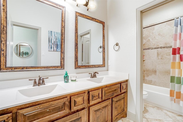 8357 Blue Periwinkle Ln, Fort Worth, TX 76123 - bathroom with double vanity, toilet, a sink, and shower / tub combo with curtain