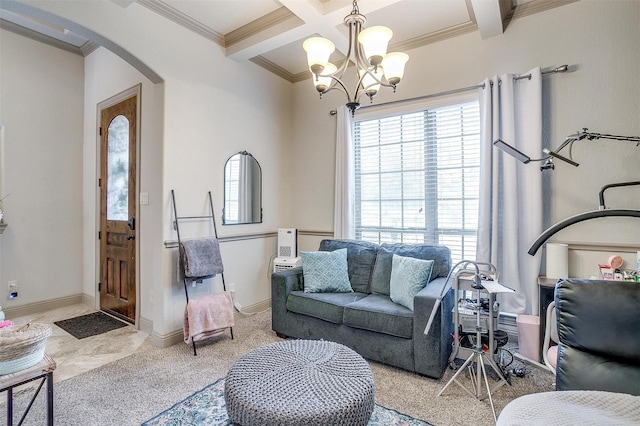 8357 Blue Periwinkle Ln, Fort Worth, TX 76123 - living area with arched walkways, beamed ceiling, a chandelier, ornamental molding, and coffered ceiling