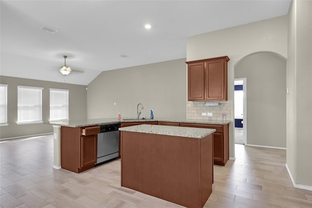 5320 Creek Hill Ln, Fort Worth, TX 76179 - kitchen with dishwasher, a sink, ceiling fan, a peninsula, and healthy amount of natural light