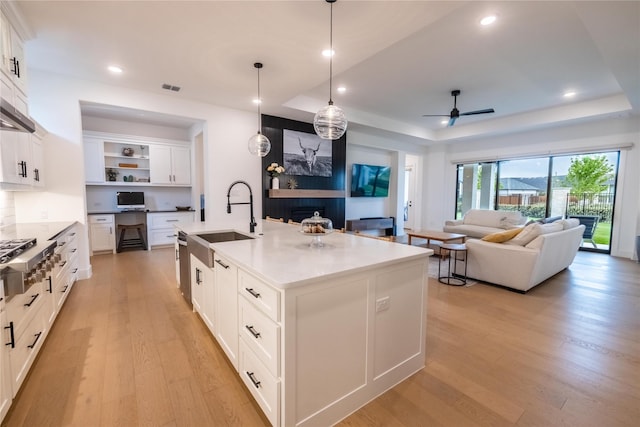 1400 Island Vista Dr, Arlington, TX 76005 - kitchen featuring a sink, light wood-style floors, ceiling fan, and open shelves