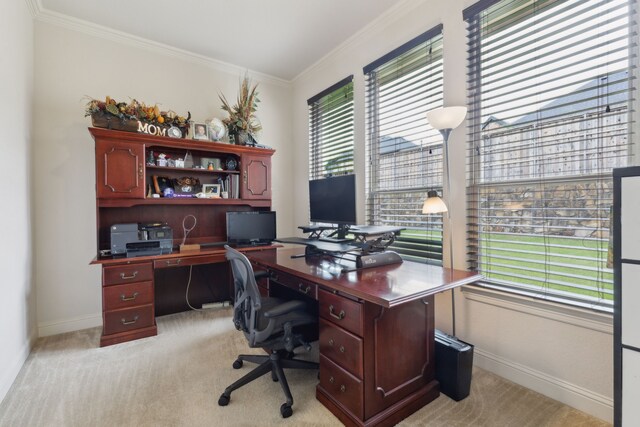 office area with crown molding, baseboards, and light colored carpet