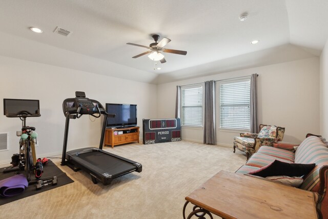exercise area featuring a ceiling fan, recessed lighting, light colored carpet, and visible vents