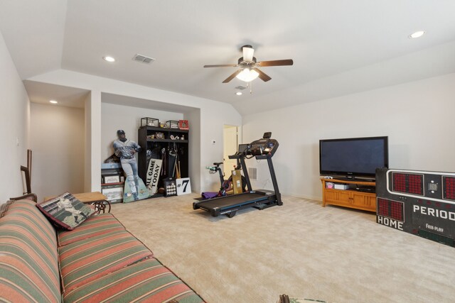 workout room featuring recessed lighting, carpet, ceiling fan, and vaulted ceiling
