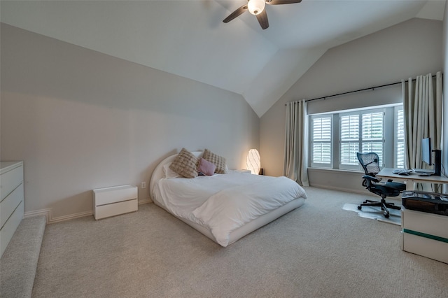 8909 White Pine Ln, Dallas, TX 75238 - carpeted bedroom with vaulted ceiling, ceiling fan, a desk, and baseboards
