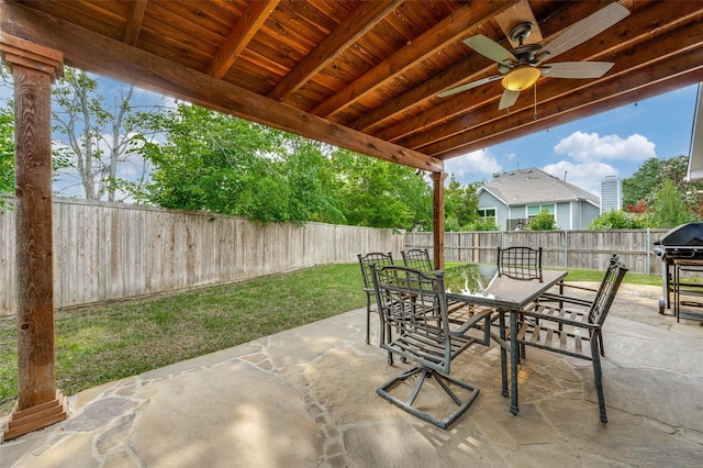 8909 White Pine Ln, Dallas, TX 75238 - view of patio / terrace with outdoor dining space, ceiling fan, and a grill