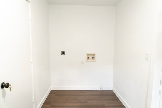 washroom featuring laundry area, dark wood-style flooring, baseboards, electric dryer hookup, and washer hookup