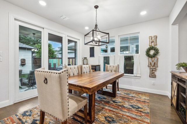 9408 Lamar St Unit D, Rowlett, TX 75089 - dining room featuring a chandelier, baseboards, dark wood-style flooring, and recessed lighting