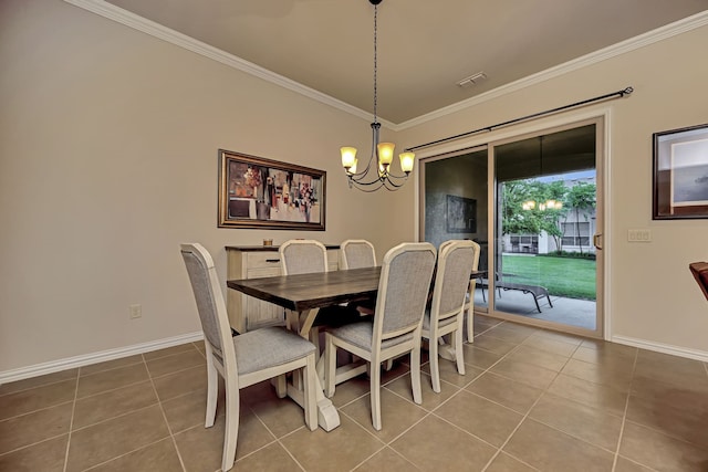 12521 Gritstone Dr, Denton, TX 76207 - tiled dining room featuring a chandelier, crown molding, and baseboards