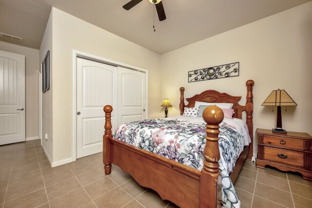 tiled bedroom featuring a closet, a ceiling fan, baseboards, and visible vents