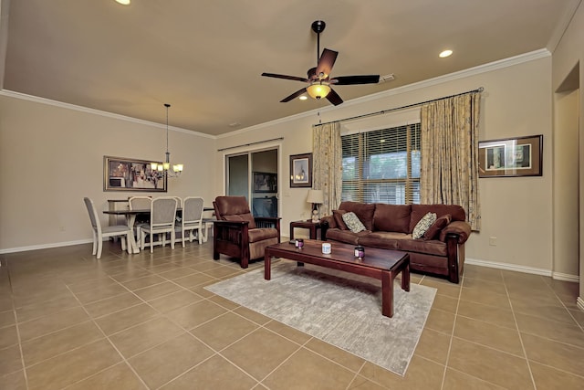 12521 Gritstone Dr, Denton, TX 76207 - tiled living room with a chandelier, crown molding, baseboards, a ceiling fan, and recessed lighting