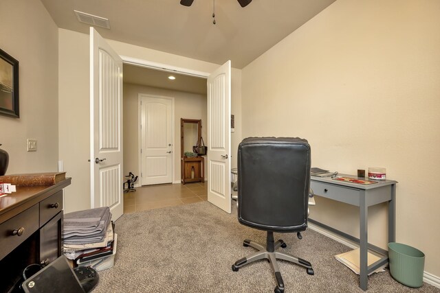 carpeted office with recessed lighting, ceiling fan, visible vents, and tile patterned flooring