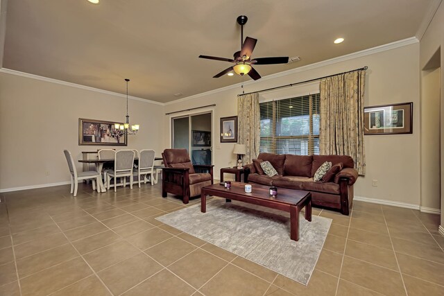 tiled living area featuring baseboards, ornamental molding, ceiling fan with notable chandelier, and recessed lighting