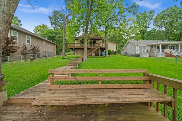 exterior space featuring a fenced backyard, a deck, and stairway