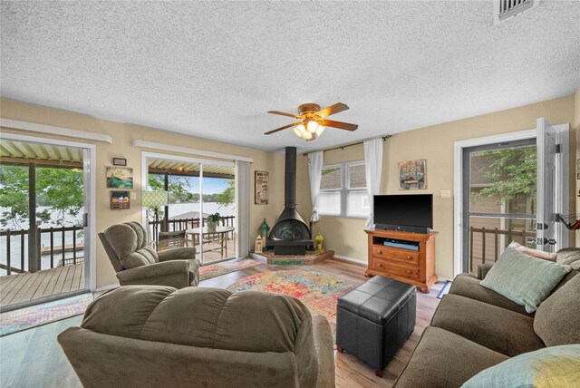 living room featuring a wealth of natural light, wood finished floors, and a wood stove