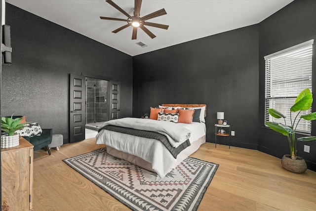3805 Bluestem Blvd, Denton, TX 76226 - bedroom featuring light wood-type flooring, lofted ceiling, and a ceiling fan