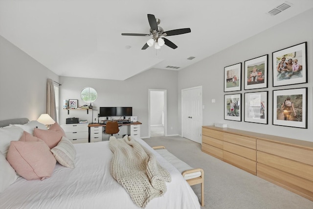 bedroom with carpet floors, a ceiling fan, and visible vents