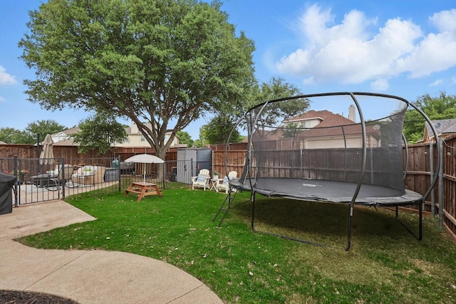 view of yard with a fenced backyard and a trampoline