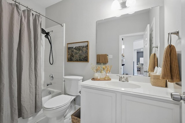 full bathroom with toilet, shower / bath combo, and vanity