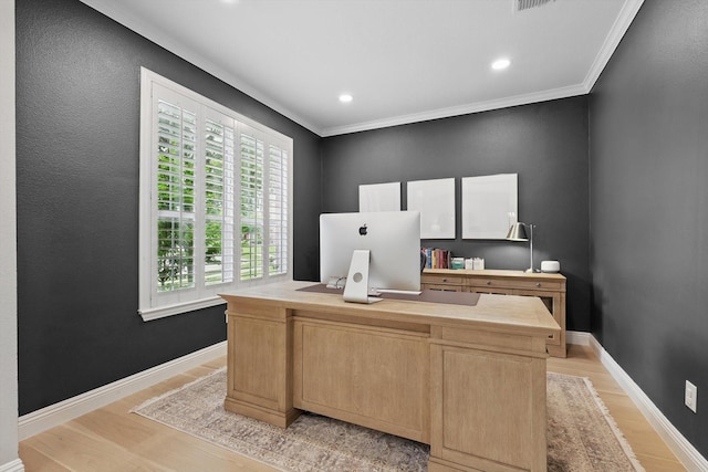 home office with crown molding, recessed lighting, light wood finished floors, and baseboards