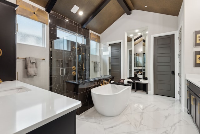 13420 Tim Tam Cir, Frisco, TX 75035 - full bathroom featuring a freestanding tub, a stall shower, two vanities, lofted ceiling with beams, and marble finish floor