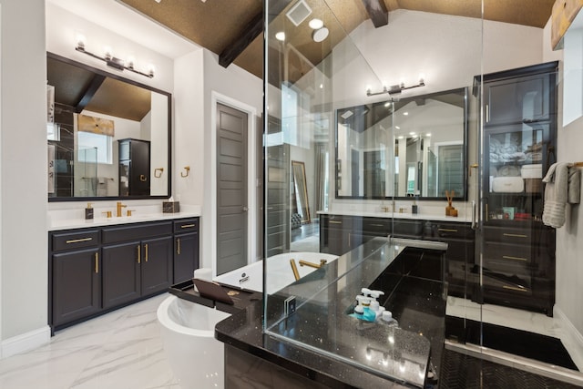 13420 Tim Tam Cir, Frisco, TX 75035 - full bath with marble finish floor, a freestanding tub, baseboards, vaulted ceiling with beams, and a shower stall