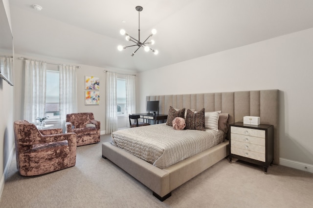 13420 Tim Tam Cir, Frisco, TX 75035 - bedroom with an inviting chandelier, baseboards, light carpet, and vaulted ceiling