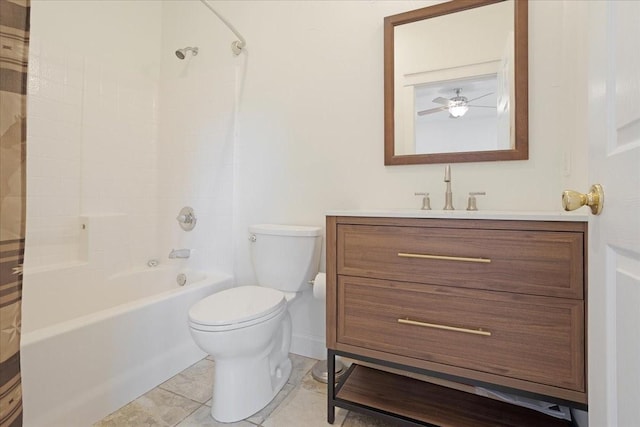 bathroom with tile patterned flooring, bathtub / shower combination, vanity, toilet, and baseboards