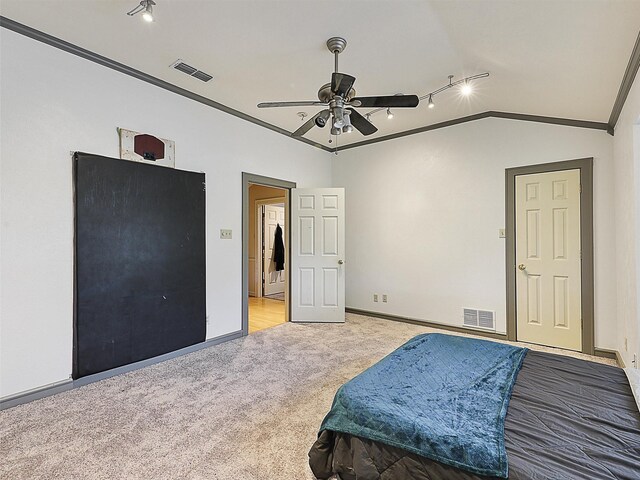 2802 Cinnamon Springs Rd, Glenn Heights, TX 75154 - bedroom featuring a ceiling fan, vaulted ceiling, visible vents, and carpet
