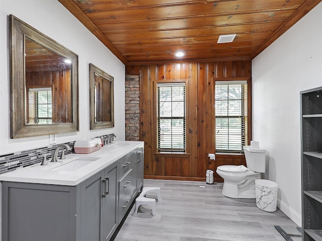 2802 Cinnamon Springs Rd, Glenn Heights, TX 75154 - full bath with wood ceiling, a sink, baseboards, toilet, and wooden walls