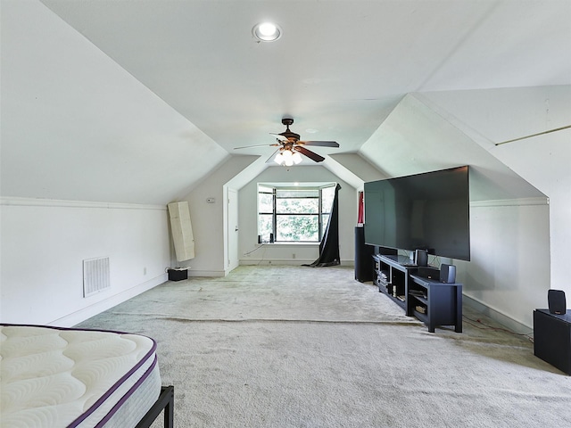 2802 Cinnamon Springs Rd, Glenn Heights, TX 75154 - additional living space with carpet floors, a ceiling fan, baseboards, vaulted ceiling, and visible vents