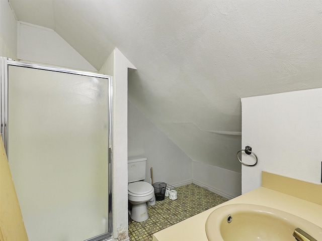 2802 Cinnamon Springs Rd, Glenn Heights, TX 75154 - full bath featuring a sink, toilet, tile patterned floors, vaulted ceiling, and a stall shower