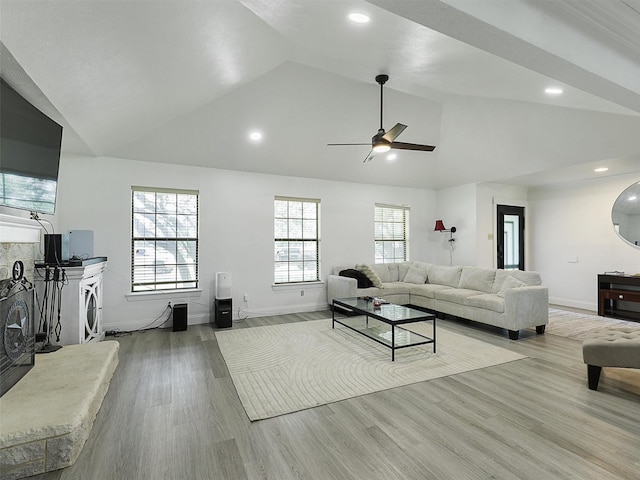 2802 Cinnamon Springs Rd, Glenn Heights, TX 75154 - living room featuring a ceiling fan, wood finished floors, baseboards, lofted ceiling, and recessed lighting
