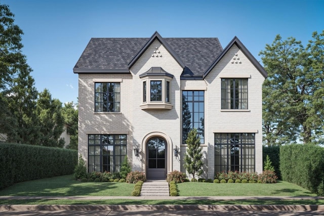 french country style house featuring brick siding and a front yard