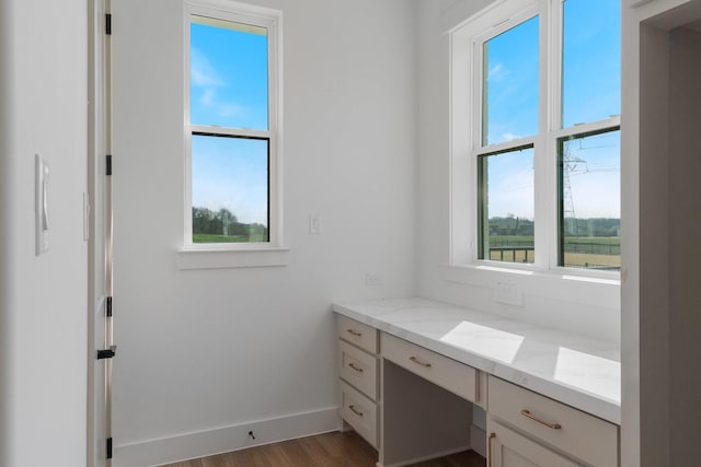 bathroom with wood finished floors, baseboards, a healthy amount of sunlight, and vanity