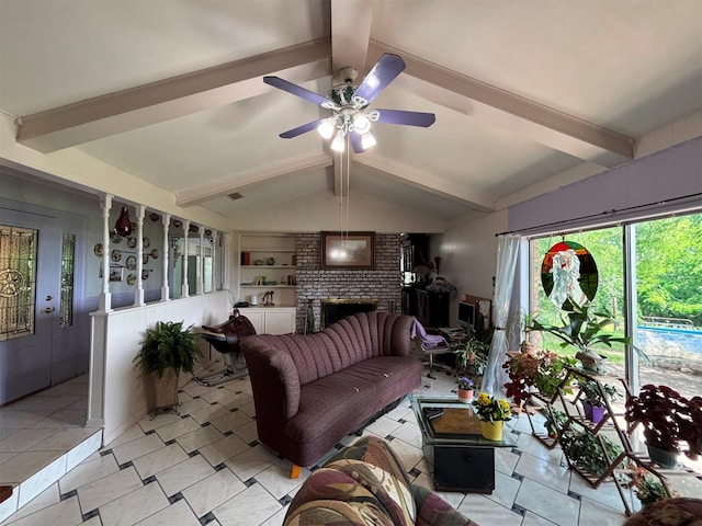 46916 US Highway 69 N, Bullard, TX 75757 - living room featuring vaulted ceiling with beams, a ceiling fan, a brick fireplace, and light tile patterned floors