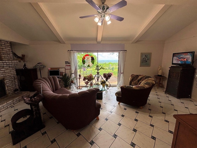 46916 US Highway 69 N, Bullard, TX 75757 - living area featuring vaulted ceiling with beams, a ceiling fan, and a fireplace
