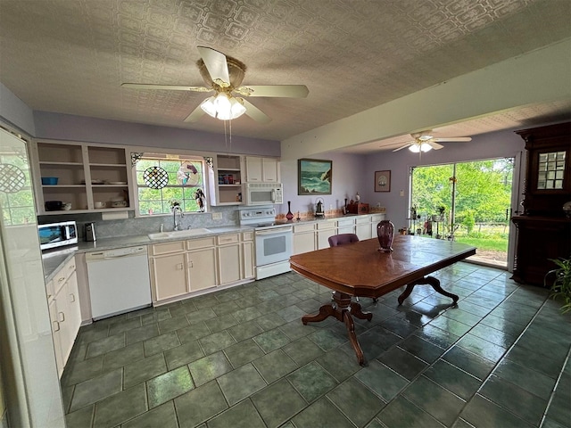 46916 US Highway 69 N, Bullard, TX 75757 - kitchen with open shelves, ceiling fan, a sink, white appliances, and light countertops
