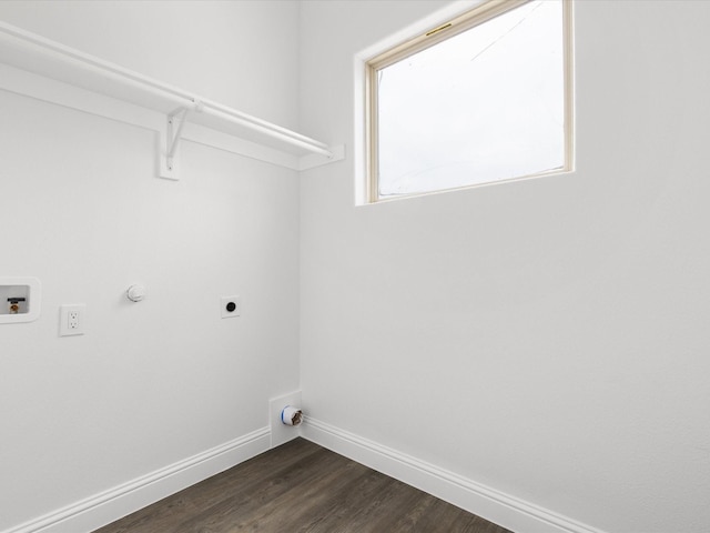 washroom featuring dark wood-style flooring, laundry area, washer hookup, baseboards, and hookup for an electric dryer