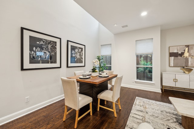 dining area featuring recessed lighting, baseboards, visible vents, and wood finished floors
