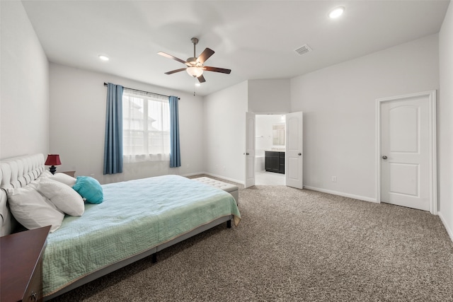 carpeted bedroom with baseboards, recessed lighting, and visible vents