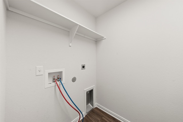 clothes washing area with hookup for an electric dryer, laundry area, dark wood-style flooring, baseboards, and hookup for a washing machine
