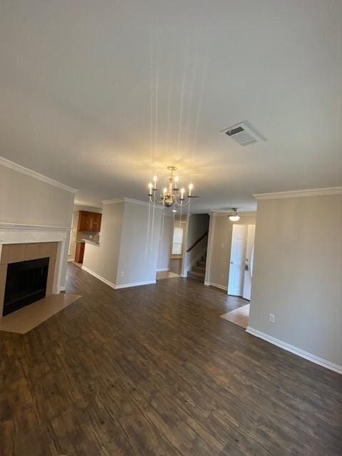 914 Gallant Fox Dr, Dallas, TX 75211 - unfurnished living room featuring visible vents, ornamental molding, baseboards, and a notable chandelier