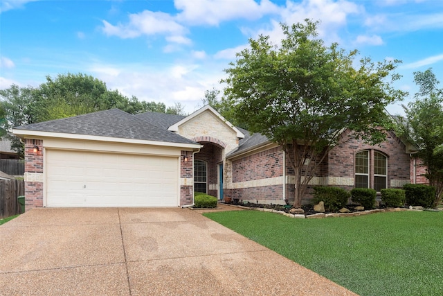single story home featuring a front yard, brick siding, a shingled roof, an attached garage, and driveway