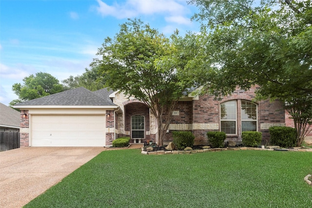view of front of house with concrete driveway, brick siding, a garage, and a front lawn
