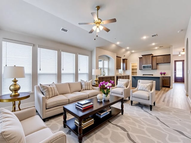 2012 Ranchwood Dr, Wylie, TX 75098 - living area featuring a ceiling fan, vaulted ceiling, light wood-style flooring, baseboards, and recessed lighting